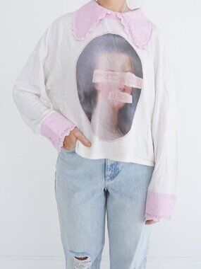 Selkie God Save The Queen Cream Pink Graphic Lace Collar Romantic Sweater XL